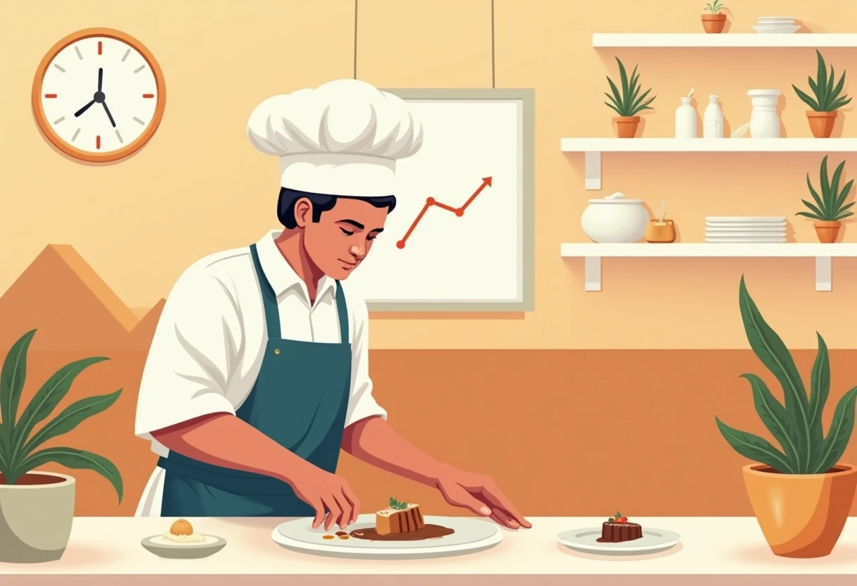Chef decorando un postre en cocina de lujo